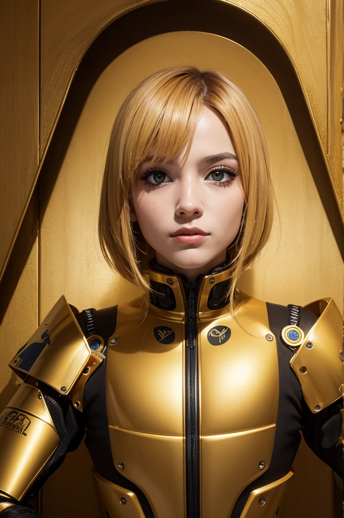 portrait of M1cky looking like a golden robô, olhos azuis, Luzes, robô, ciborgue