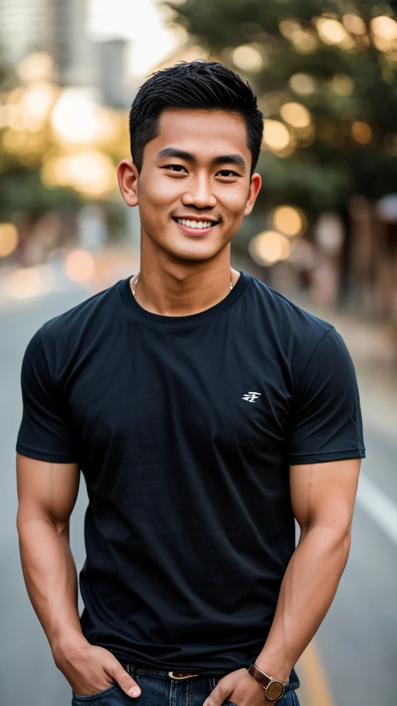 Thai man ,man，He is about 30 years old..，Rough and handsome appearance，large breastsj，Big waistline，buzz cut, angry, sullen, best quality, Masterpiece，（Have muscles：4.5），(best quality,high resolution,Masterpiece:1.2),The eyes are natural and delicate..,1 person,alone,gay asian,muscle,Long legs,brave,short hair details,conjunctivitis ,strong,brown eyes, (outdoor background road :1.5)，in the market，sit (dark blue t-shirt:1.3),Jeans ,smile