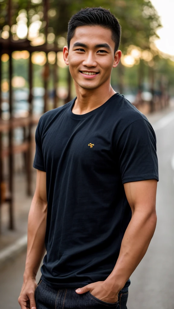 Thai man ,man,He is about 30 years old..,Rough and handsome appearance,large breastsj,Big waistline,buzz cut, angry, sullen, best quality, Masterpiece,(Have muscles:4.5),(best quality,high resolution,Masterpiece:1.2),The eyes are natural and delicate..,1 person,alone,gay asian,muscle,Long legs,brave,short hair details,conjunctivitis ,strong,brown eyes, (outdoor background road :1.5),in the market,sit (dark blue t-shirt:1.3),Jeans ,smile