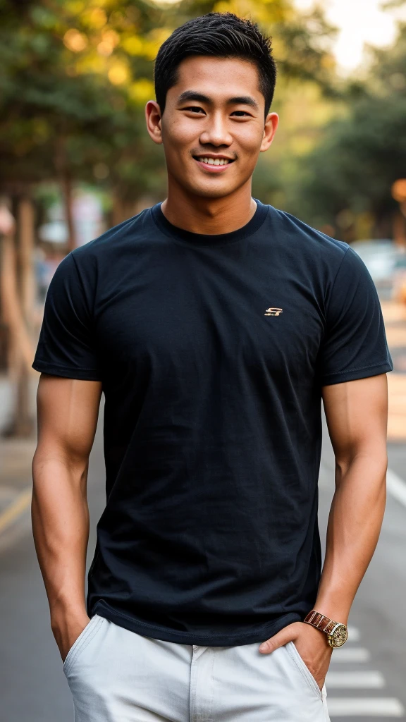 Thai man ,man,He is about 30 years old..,Rough and handsome appearance,large breastsj,Big waistline,buzz cut, angry, sullen, best quality, Masterpiece,(Have muscles:4.5),(best quality,high resolution,Masterpiece:1.2),The eyes are natural and delicate..,1 person,alone,gay asian,muscle,Long legs,brave,short hair details,conjunctivitis ,strong,brown eyes, (outdoor background road :1.5),in the market,sit (dark blue t-shirt:1.3),Jeans ,smile