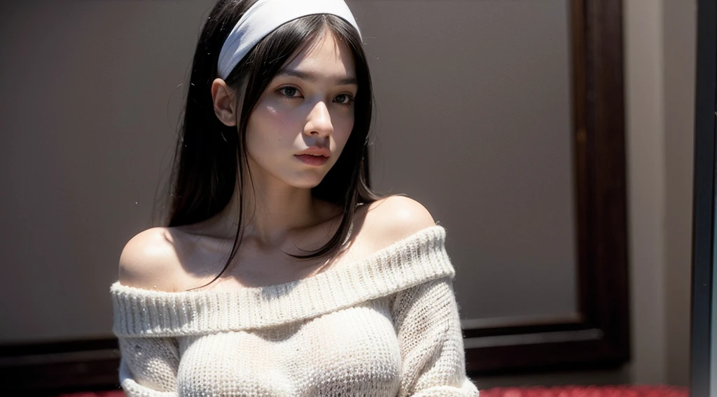 Yor Forger, beautiful, graceful, slender, curvaceous, long hair, straight hair, black hair, beautiful hair, short bangs, ((red eyes)), ((white headband)), ((wears an off-shoulder sweater)), (((red sweater))), large breast, cleavage, 27 years old, white skin, upper body, beauty, solo, extremely beautiful face, exquisite face, facing camera, seductive look