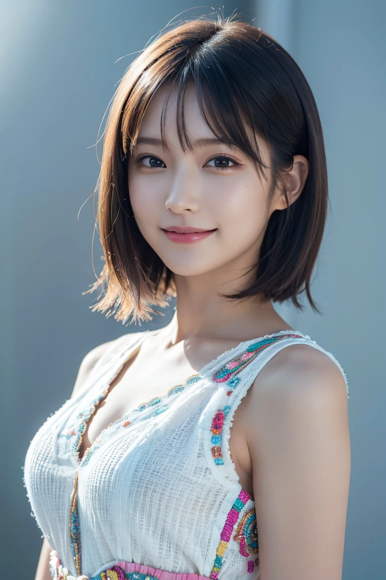 1 girl,(wearing colorful stage costume:1.2),very beautiful japanese idol portrait,close up of face,(RAW photo,best quality),(real,realistic:1.4),(masterpiece),very delicate and beautiful,very detailed,2k wallpaper,amazing,finely detailed,highly detailed CG Unity 8K wallpaper,very detailed,high resolution,soft light,beautiful detailed girl,very detailed eyes and face,beautiful refined nose,finely beautiful eyes,cinema lighting,(simple light color background:1.3),(short hair),(bob),full anatomy,slender body,small breasts,smiling