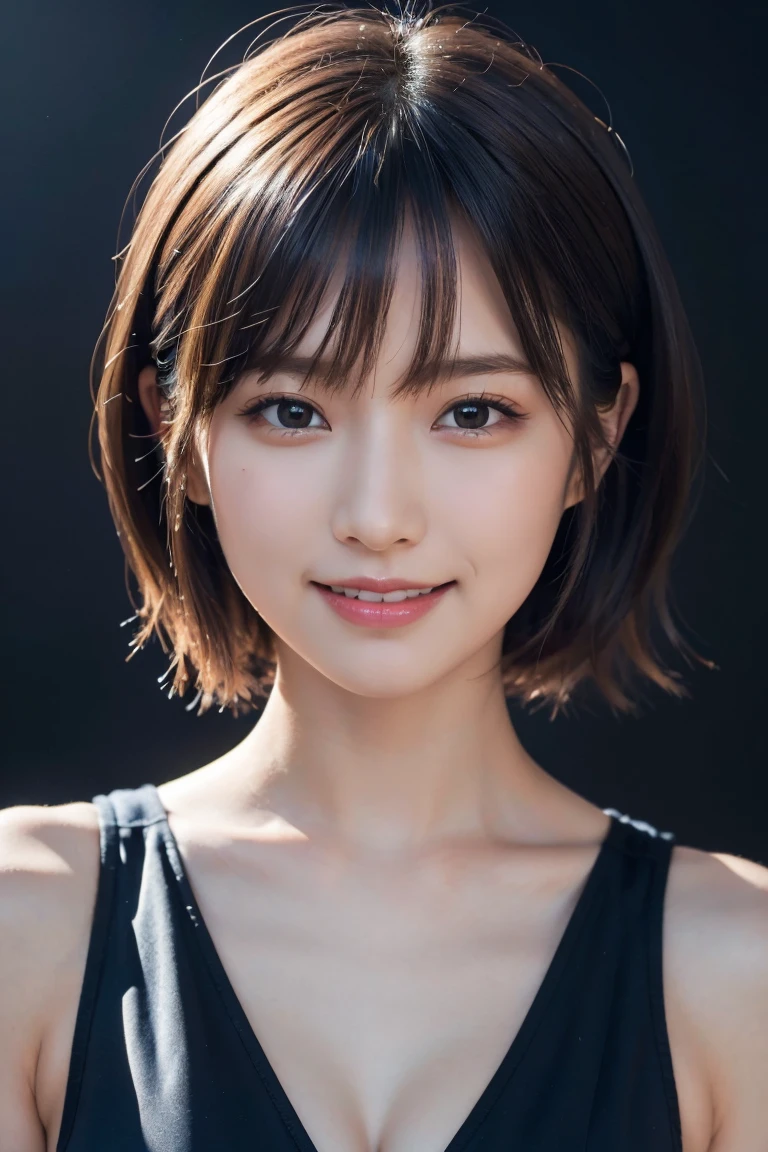 1 girl,(wearing colorful stage costume:1.2),very beautiful japanese idol portrait,close up of face,(RAW photo,best quality),(real,realistic:1.4),(masterpiece),very delicate and beautiful,very detailed,2k wallpaper,amazing,finely detailed,highly detailed CG Unity 8K wallpaper,very detailed,high resolution,soft light,beautiful detailed girl,very detailed eyes and face,beautiful refined nose,finely beautiful eyes,cinema lighting,(simple light color background:1.3),(short hair),(bob),full anatomy,slender body,small breasts,smiling
