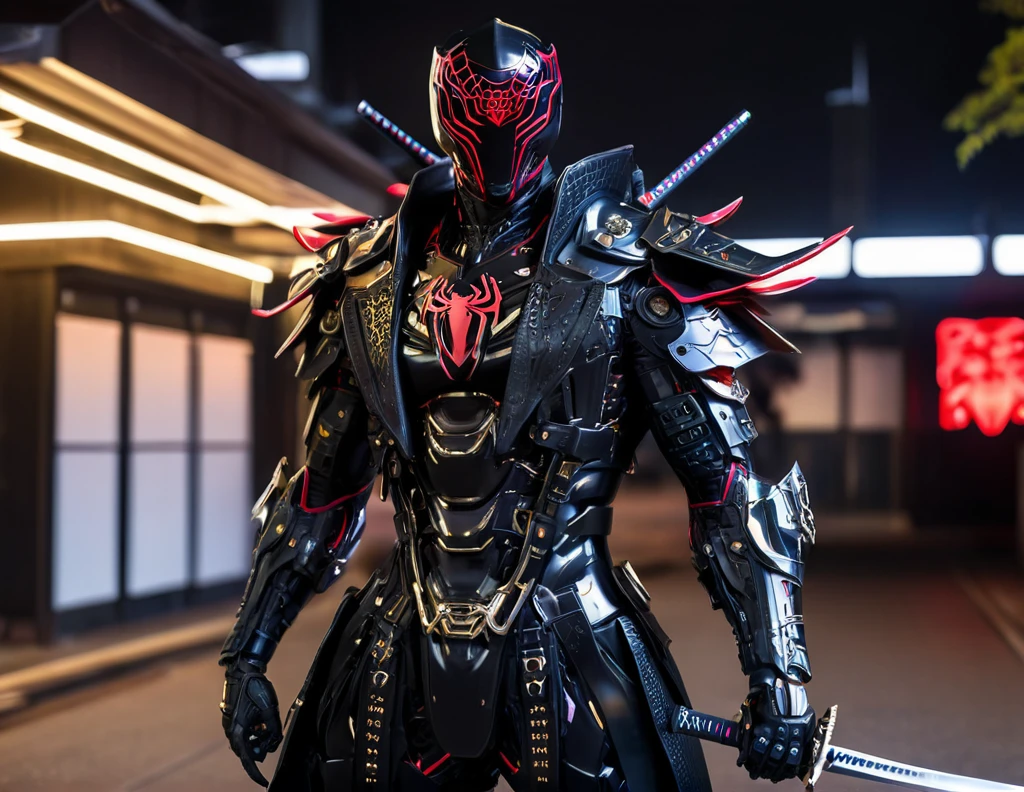 araffe dressed in a black suit holding a sword and a sword, cyborg samurai, cyber japan samurai armor, cyberpunk samurai, very beautiful cyberpunk samurai, full samurai armor spiderman, bio - mechanical ninja samurai, portrait of a cyberpunk samurai, cyber japan style armor, cyber japan armor, celtic and cyberpunk armor, black bull samurai, intricate assasin mecha armor