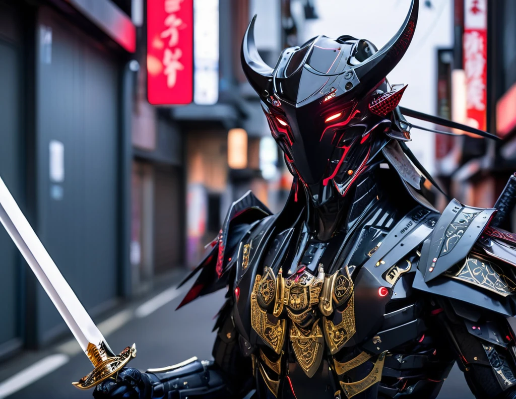 araffe dressed in a black suit holding a sword and a sword, cyborg samurai, cyber japan samurai armor, cyberpunk samurai, very beautiful cyberpunk samurai, full samurai armor spiderman, bio - mechanical ninja samurai, portrait of a cyberpunk samurai, cyber japan style armor, cyber japan armor, celtic and cyberpunk armor, black bull samurai, intricate assasin mecha armor