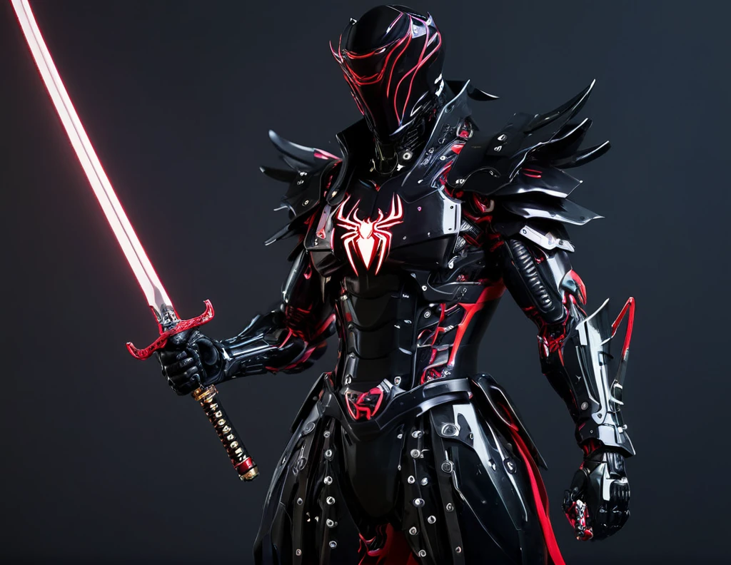 araffe dressed in a black suit holding a sword and a sword, cyborg samurai, cyber japan samurai armor, cyberpunk samurai, very beautiful cyberpunk samurai, full samurai armor spiderman, bio - mechanical ninja samurai, portrait of a cyberpunk samurai, cyber japan style armor, cyber japan armor, celtic and cyberpunk armor, black bull samurai, intricate assasin mecha armor