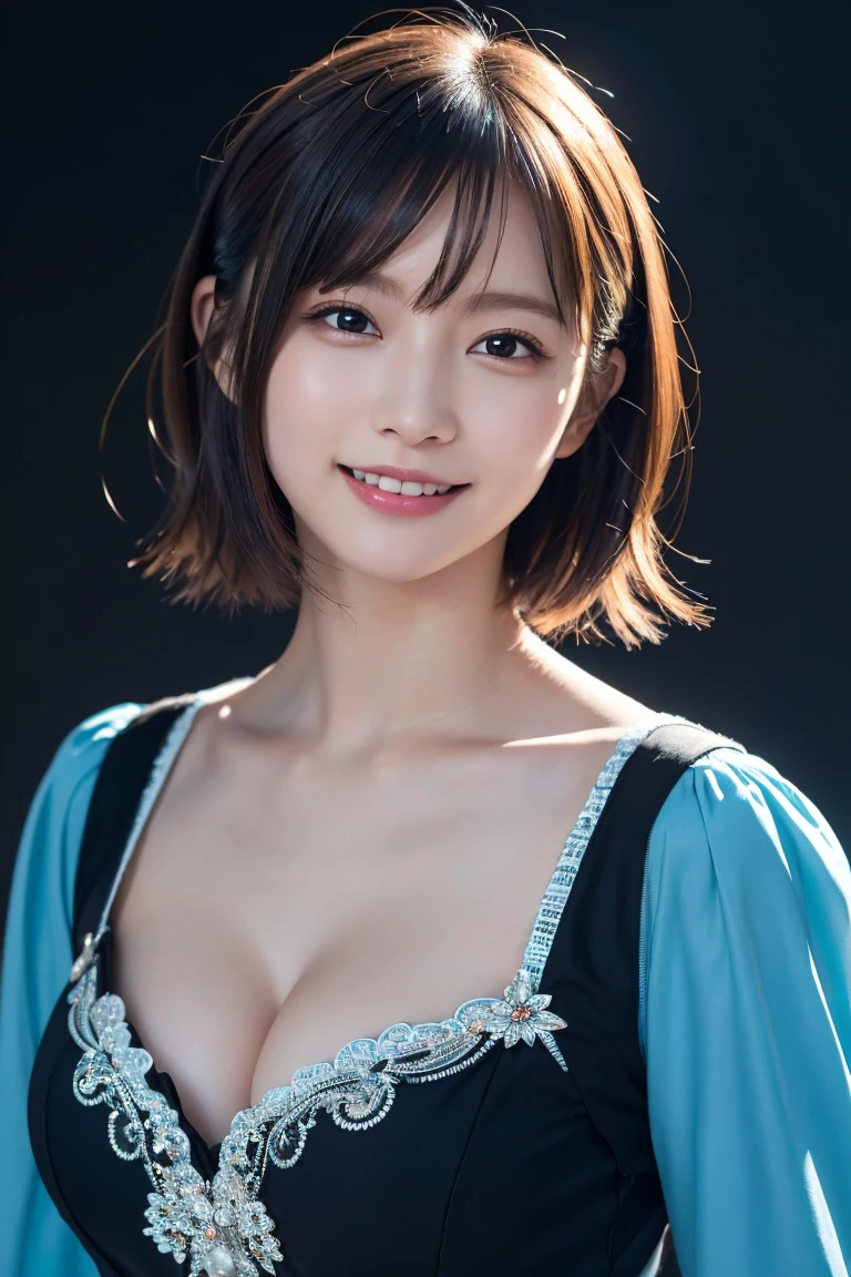 1 girl,(wearing colorful stage costume:1.2),very beautiful japanese idol portrait,close up of face,(RAW photo,best quality),(real,realistic:1.4),(masterpiece),very delicate and beautiful,very detailed,2k wallpaper,amazing,finely detailed,highly detailed CG Unity 8K wallpaper,very detailed,high resolution,soft light,beautiful detailed girl,very detailed eyes and face,beautiful refined nose,finely beautiful eyes,cinema lighting,(simple light color background:1.3),(short hair),(bob),full anatomy,slender body,small breasts,smiling