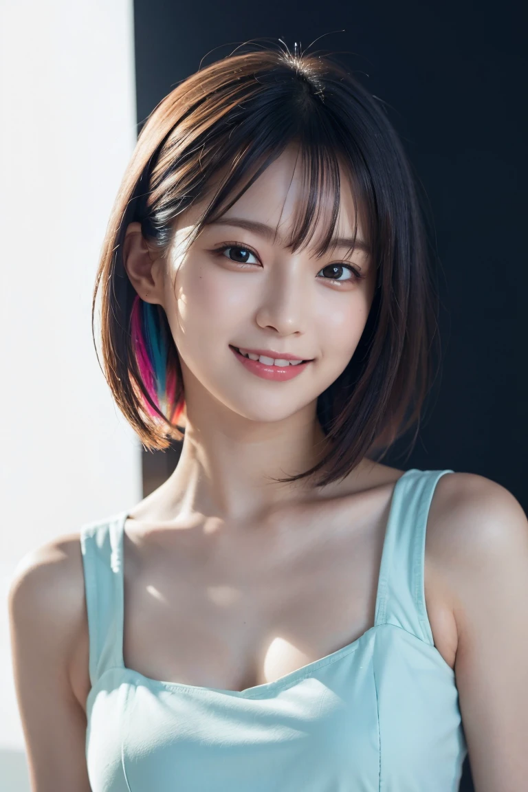 1 girl,(wearing colorful stage costume:1.2),very beautiful japanese idol portrait,close up of face,(RAW photo,best quality),(real,realistic:1.4),(masterpiece),very delicate and beautiful,very detailed,2k wallpaper,amazing,finely detailed,highly detailed CG Unity 8K wallpaper,very detailed,high resolution,soft light,beautiful detailed girl,very detailed eyes and face,beautiful refined nose,finely beautiful eyes,cinema lighting,(simple light color background:1.3),(short hair),(bob),full anatomy,slender body,small breasts,smiling
