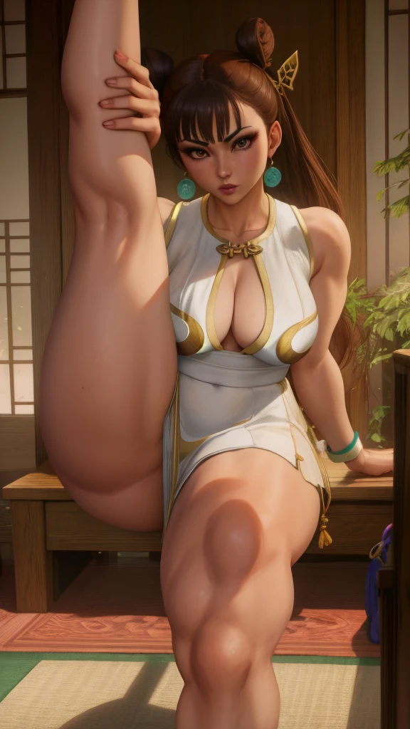 Sexy chun li, brown hair, brown eyes,  double bun,  hair ribbon,  
pelvic curtain,  mini vestido color azul ajustado, bangles,  cleavage,  shoes, 
thick thighs,   leg up, enormes pechos, cintura delgada y un enorme trasero.
Noche,  temple,  indoors, 
(insanely detailed, beautiful detailed face,beautiful detailed eyes, masterpiece, best quality) , solo,
