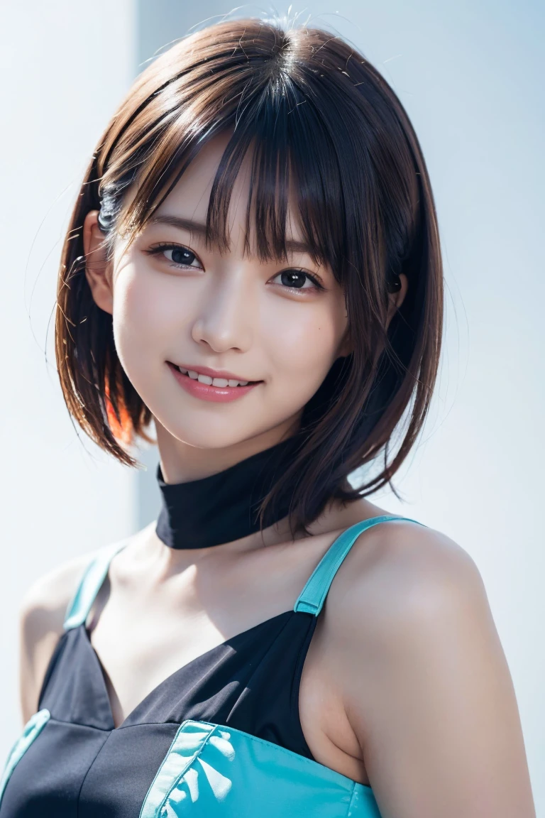 1 girl,(wearing colorful stage costume:1.2),very beautiful japanese idol portrait,close up of face,(RAW photo,best quality),(real,realistic:1.4),(masterpiece),very delicate and beautiful,very detailed,2k wallpaper,amazing,finely detailed,highly detailed CG Unity 8K wallpaper,very detailed,high resolution,soft light,beautiful detailed girl,very detailed eyes and face,beautiful refined nose,finely beautiful eyes,cinema lighting,(simple light color background:1.3),(short hair),(bob),full anatomy,slender body,small breasts,smiling