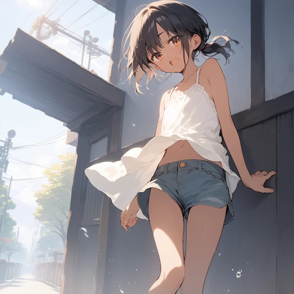 score_9, score_8_up, score_7_up, source_anime, best quality, masterpiece, official art, absurdres, highres, ultra-detailed,waifu2x,Collection: Slice of Life,break,1girl, tomboy, dark-skinned female, short hair, low ponytail, flat chest, beautiful detailed eyes, short shorts, sweat, open mouth, (yawn:0.3), sleepily, outdoors, wind,break,(clear line illustration:1.2), super detailed skin,very high resolution, very aesthetic, Best sexual lighting powered by famous artist, 8k,cute picture,beauty illustration,photoshop_(medium),,(Detailed Lighting),best anime 8k konachan wallpaper, pixiv contest winner,