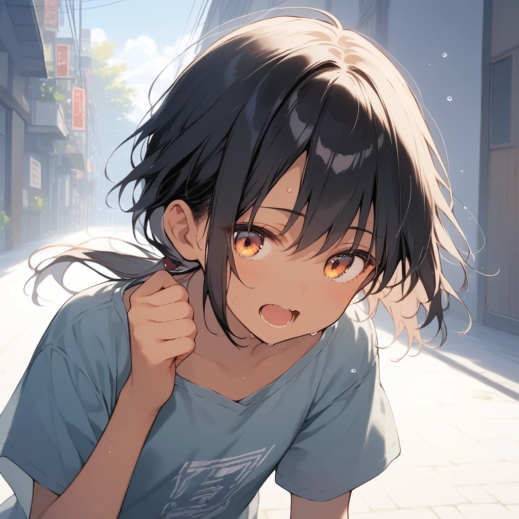 score_9, score_8_up, score_7_up, source_anime, best quality, masterpiece, official art, absurdres, highres, ultra-detailed,waifu2x,Collection: Slice of Life,break,1girl, tomboy, dark-skinned female, short hair, low ponytail, flat chest, beautiful detailed eyes, short shorts, sweat, open mouth, (yawn:0.3), sleepily, outdoors, wind,break,(clear line illustration:1.2), super detailed skin,very high resolution, very aesthetic, Best sexual lighting powered by famous artist, 8k,cute picture,beauty illustration,photoshop_(medium),,(Detailed Lighting),best anime 8k konachan wallpaper, pixiv contest winner, 
