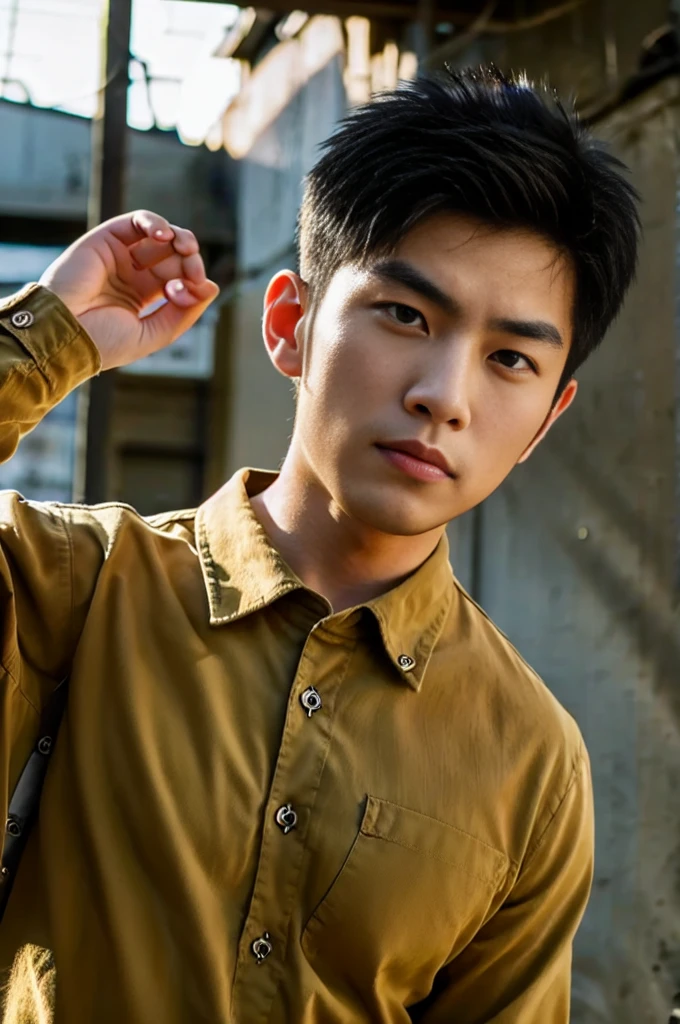 A young Asian man with large muscles looks at the camera. In a dark yellow button-up shirt. , measure , Normal sunlight