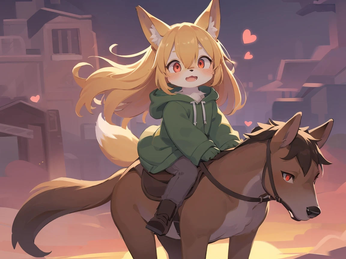the fox, , was hairy, shaggy, skin fur, smooth lashes, golden fur, forelimb hands, straight long blonde hair, solid circle eyes, golden ears, golden fur, golden facial fur, shiny hair, red eyes, heart-shaped eyes, super cute face, 1fox tail, fluffy tail, furry tail, glowing eyes, green coat green hood down, brown trousers, riding the wolf, open mouth, pain face, embarrassed, ambient light, ultra-fine fur, dashed eyes, full body, masterpiece, high quality, high-details, best quality, (((solo))), twilight, sun light, red sky, rim light