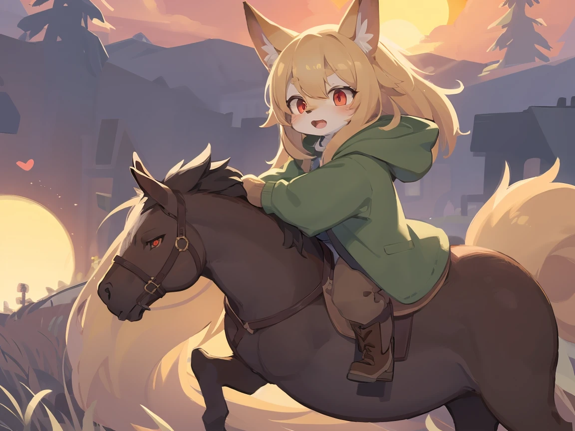 the fox, , was hairy, shaggy, skin fur, smooth lashes, golden fur, forelimb hands, straight long blonde hair, solid circle eyes, golden ears, golden fur, golden facial fur, shiny hair, red eyes, heart-shaped eyes, super cute face, 1fox tail, fluffy tail, furry tail, glowing eyes, green coat green hood down, brown trousers, riding the wolf, open mouth, pain face, embarrassed, ambient light, ultra-fine fur, dashed eyes, full body, masterpiece, high quality, high-details, best quality, (((solo))), twilight, sun light, red sky, rim light