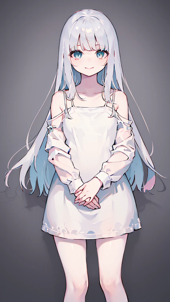 (Pure black long straight hair,Air bangs),(innocent,Big aqua eyes,like a gem),(C cup,Petite stature,fair skin),(Only wearing a pure white dress,Flat mouth,spaghetti straps,There are no sleeves),(The length of the dress should not exceed the thigh,You should be able to see the curve of your thighs),(Standing,Hands hanging on both sides of the body,hide your hands behind your back,Looks a little shy,but with a smile),(Solid black and gray background)