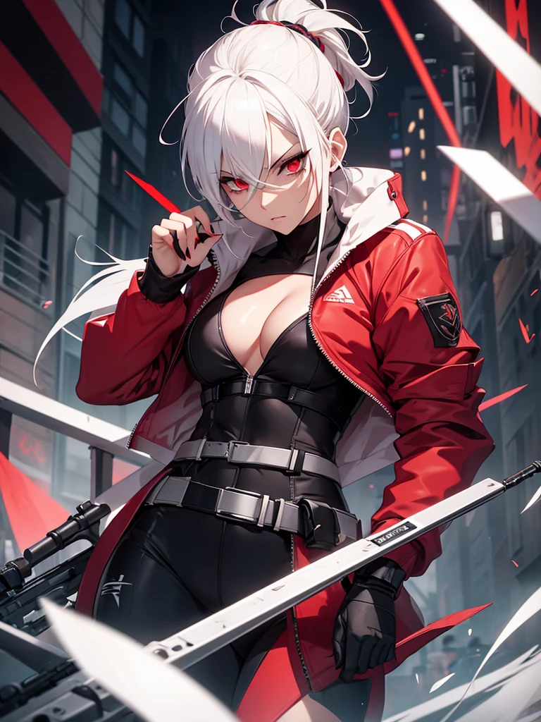 a woman wearing a white fur jacket, open jacket, wearing a short black shirt, exposed abdomen, wearing tight black pants, large breasts, silver hair, red bangs, multi-colored hair, blue eyes, red eyes, multi eyes, ponytail hair , holding a katana with a red blade, katana without a sheath, standing on a concrete platform with a winter and cold location, red ray effect, eyes transmitting red and blue rays, serious face,,UHD , prime work , accurate , anatomically correct , textured skin , super details , high quality , best quality, 8k, high resolution, bokeh effect. (woman alone), close view. Punishing_gray_raven, Alpha_Crimson_Weave