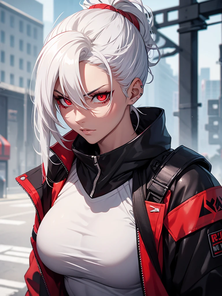 hitwoman with white hair tied up, red and dangerous eyes, athletic build using a sniper