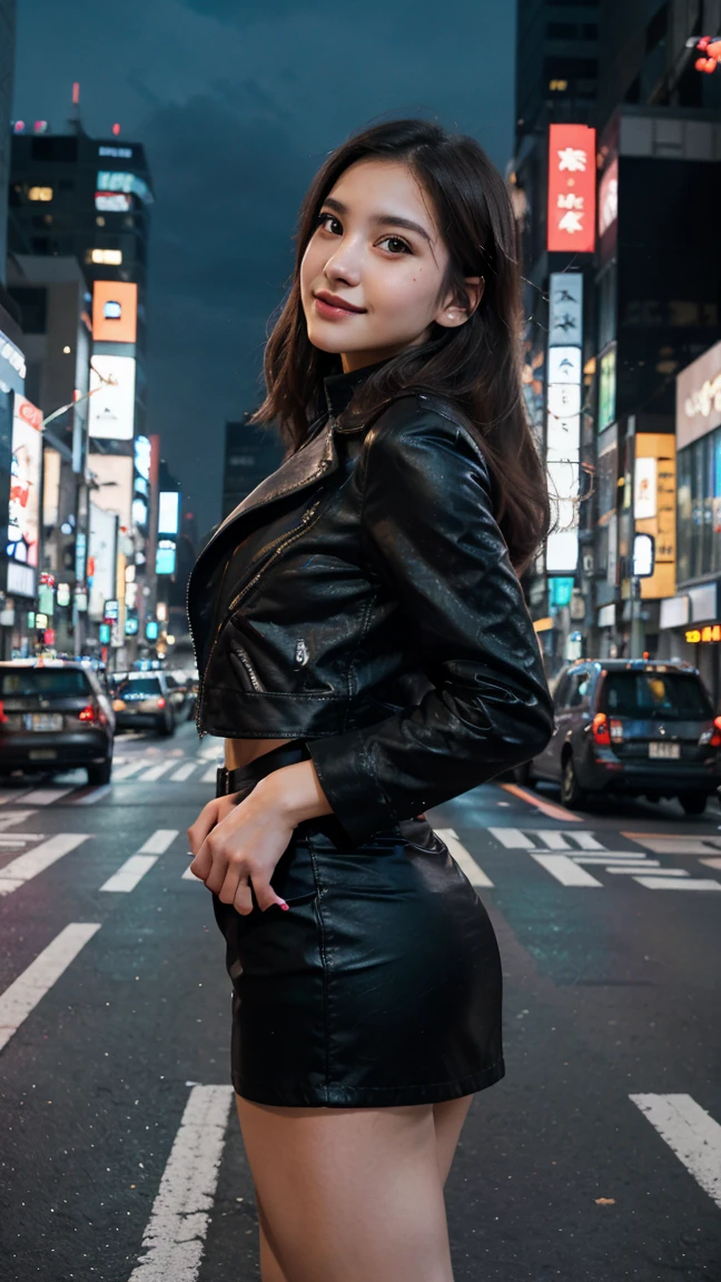 A captivating Asian woman in her twenties, reminiscent of the amazing beauty and allure of the model Jeon Somi. Rendered in hyper-realistic detail with exceptional ((flawless features)). Porcelain skin: skin like luminous porcelain, radiating a healthy and youthful glow. Every highlight and shadow should be carefully processed to enhance her natural beauty. ((perfectly defined features)) Sharp cheekbones, sculpted jawline, a subtle touch of realism. Sparkling eyes: captivating eyes, radiating warmth and adventure. Expressive eyebrows: perfectly balanced. Delightful lips: full, perfectly shaped lips curve into a seductive smile. Focus: ((realistic description with extraordinary detail)).
Location: Tokyo, Japan - Bustling Shibuya crossing with towering skyscrapers bathed in neon lights.

Position: Standing confidently in the middle of the crosswalk, looking upward at the dazzling display of lights.

Shooting Angle: Low angle, emphasizing the towering skyscrapers and her fearless spirit.

Face Presentation: A captivating blend of curiosity and excitement, a hint of a smirk playing on her lips.

Highlights: Exceptional quality, model photography, futuristic neon lighting, bustling city atmosphere.

Accessories: A sleek black leather jacket draped over her shoulders, adding a touch of edge to her outfit. A pair of stylish headphones rest around her neck, highlighting the city's vibrant soundscape.

Background: A sea of people crosses the street in all directions, their movement creating a dynamic flow.

Pose: Standing confidently with arms outstretched, one leg slightly forward, capturing the energy and vibrancy of the city.

Environment: Nighttime with neon lights illuminating the scene in a kaleidoscope of colors.