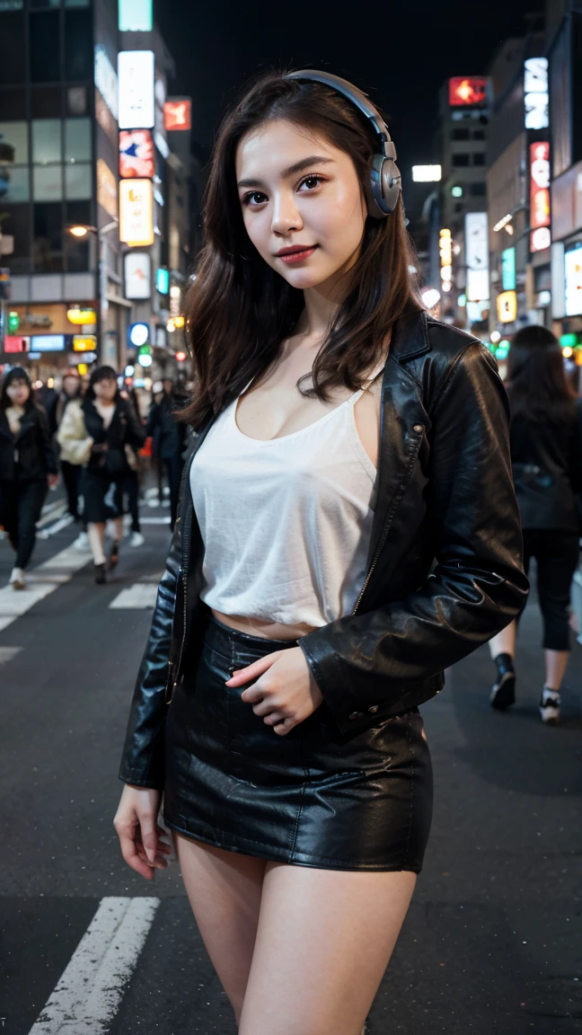 A captivating Asian woman in her twenties, reminiscent of the amazing beauty and allure of the model Jeon Somi. Rendered in hyper-realistic detail with exceptional ((flawless features)). Porcelain skin: skin like luminous porcelain, radiating a healthy and youthful glow. Every highlight and shadow should be carefully processed to enhance her natural beauty. ((perfectly defined features)) Sharp cheekbones, sculpted jawline, a subtle touch of realism. Sparkling eyes: captivating eyes, radiating warmth and adventure. Expressive eyebrows: perfectly balanced. Delightful lips: full, perfectly shaped lips curve into a seductive smile. Focus: ((realistic description with extraordinary detail)).
Location: Tokyo, Japan - Bustling Shibuya crossing with towering skyscrapers bathed in neon lights.
Position: Standing confidently in the middle of the crosswalk, looking upward at the dazzling display of lights.
Shooting Angle: Low angle, emphasizing the towering skyscrapers and her fearless spirit.
Face Presentation: A captivating blend of curiosity and excitement, a hint of a smirk playing on her lips.
Highlights: Exceptional quality, model photography, futuristic neon lighting, bustling city atmosphere.
Accessories: A sleek black leather jacket draped over her shoulders, adding a touch of edge to her outfit. A pair of stylish headphones rest around her neck, highlighting the city's vibrant soundscape.
Background: A sea of people crosses the street in all directions, their movement creating a dynamic flow.
Pose: Standing confidently with arms outstretched, one leg slightly forward, capturing the energy and vibrancy of the city.
Environment: Nighttime with neon lights illuminating the scene in a kaleidoscope of colors.
