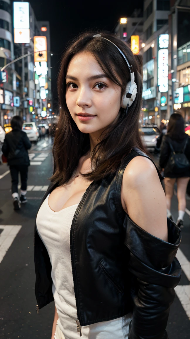 A captivating Asian woman in her twenties, reminiscent of the amazing beauty and allure of the model Jeon Somi. Rendered in hyper-realistic detail with exceptional ((flawless features)). Porcelain skin: skin like luminous porcelain, radiating a healthy and youthful glow. Every highlight and shadow should be carefully processed to enhance her natural beauty. ((perfectly defined features)) Sharp cheekbones, sculpted jawline, a subtle touch of realism. Sparkling eyes: captivating eyes, radiating warmth and adventure. Expressive eyebrows: perfectly balanced. Delightful lips: full, perfectly shaped lips curve into a seductive smile. Focus: ((realistic description with extraordinary detail)).
Location: Tokyo, Japan - Bustling Shibuya crossing with towering skyscrapers bathed in neon lights.
Position: Standing confidently in the middle of the crosswalk, looking upward at the dazzling display of lights.
Shooting Angle: Low angle, emphasizing the towering skyscrapers and her fearless spirit.
Face Presentation: A captivating blend of curiosity and excitement, a hint of a smirk playing on her lips.
Highlights: Exceptional quality, model photography, futuristic neon lighting, bustling city atmosphere.
Accessories: A sleek black leather jacket draped over her shoulders, adding a touch of edge to her outfit. A pair of stylish headphones rest around her neck, highlighting the city's vibrant soundscape.
Background: A sea of people crosses the street in all directions, their movement creating a dynamic flow.
Pose: Standing confidently with arms outstretched, one leg slightly forward, capturing the energy and vibrancy of the city.
Environment: Nighttime with neon lights illuminating the scene in a kaleidoscope of colors.