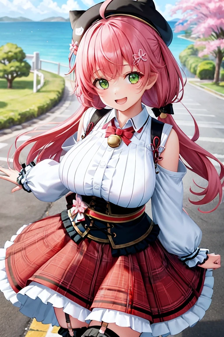 Tabletop, Highest_quality, height_solve, Miko 2,ponytail, One girl, Ahoge, Black Hat, hair ornaments, White shirt, Black knee socks, Pink Hair, red_skirt, very_short_skirt, plaid skirts, garter_strap, Collared shirt, Barrette, Frills, bangs, eyeの間の毛, frills skirt, beret, Pleated skirt, Hair Flowers, Neck bell, , Fluffy long sleeves, Black Bow, Underbust, Cowboy Shot,smile, (huge_chest:1.3),Covered_Nipples, Covered_Pussy,green_eye, Happy, Childish_Pause,Spread the word_foot,(big_smile:1.2),plump,Open_mouth,shout,half_eye,Cherry Blossom_garden_background,