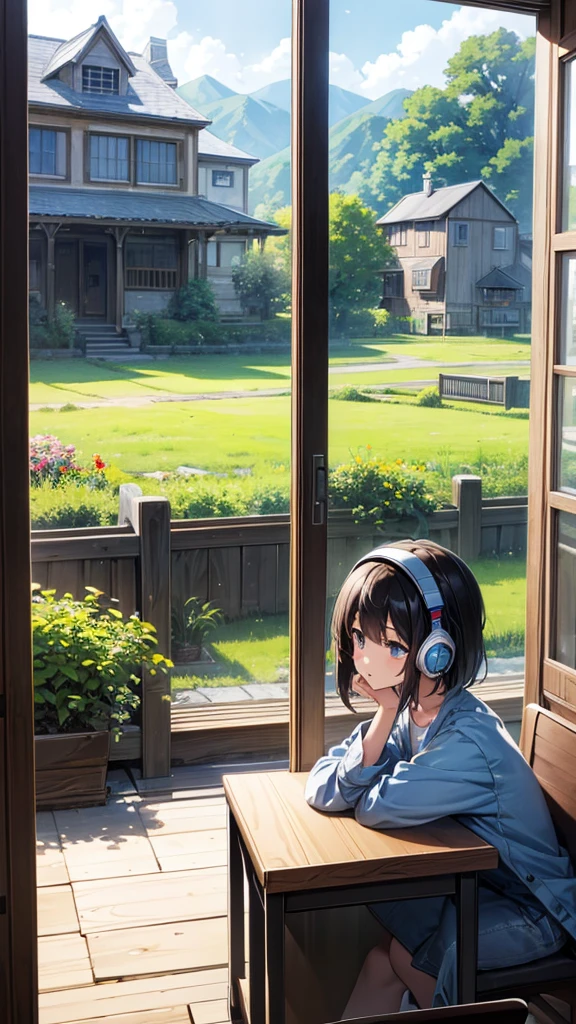 Background Country Town　Large windows　Landscape　Put the headphones on your head、Listening to music playing from a computer　pretty girl　Short Bob