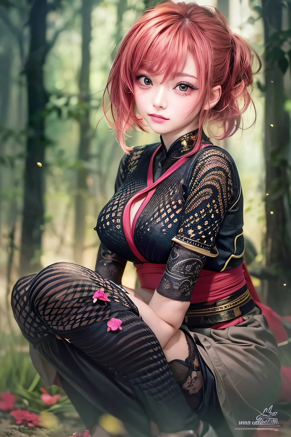 masterpiece, 1 Beautiful girl, Fine grain, highest quality, Ultra High resolution, (reality: 1.4), Cinema Lighting, Beautiful Skin, (Ultra-realistic), (High resolution), (8k), (Very detailed), ( Best illustrations), Pouting slightly,  (Crystal colorful lights), Extremely refined and beautiful, beautiful detailed eyes, Round eyes, detailed facial features, (Round pupils:1.4), (alluring face), Smiling lips, (small breasts:1.3), sexual climax, Seduction, bitch, Open lips, (Beautiful and detailed face, Beautiful and delicate eyes), pink cheek, mascara, red hair, short hair, (kunoichi:1.3), (full body:1.3), wearing a kunoichi, sitting, cross legs, forest,
