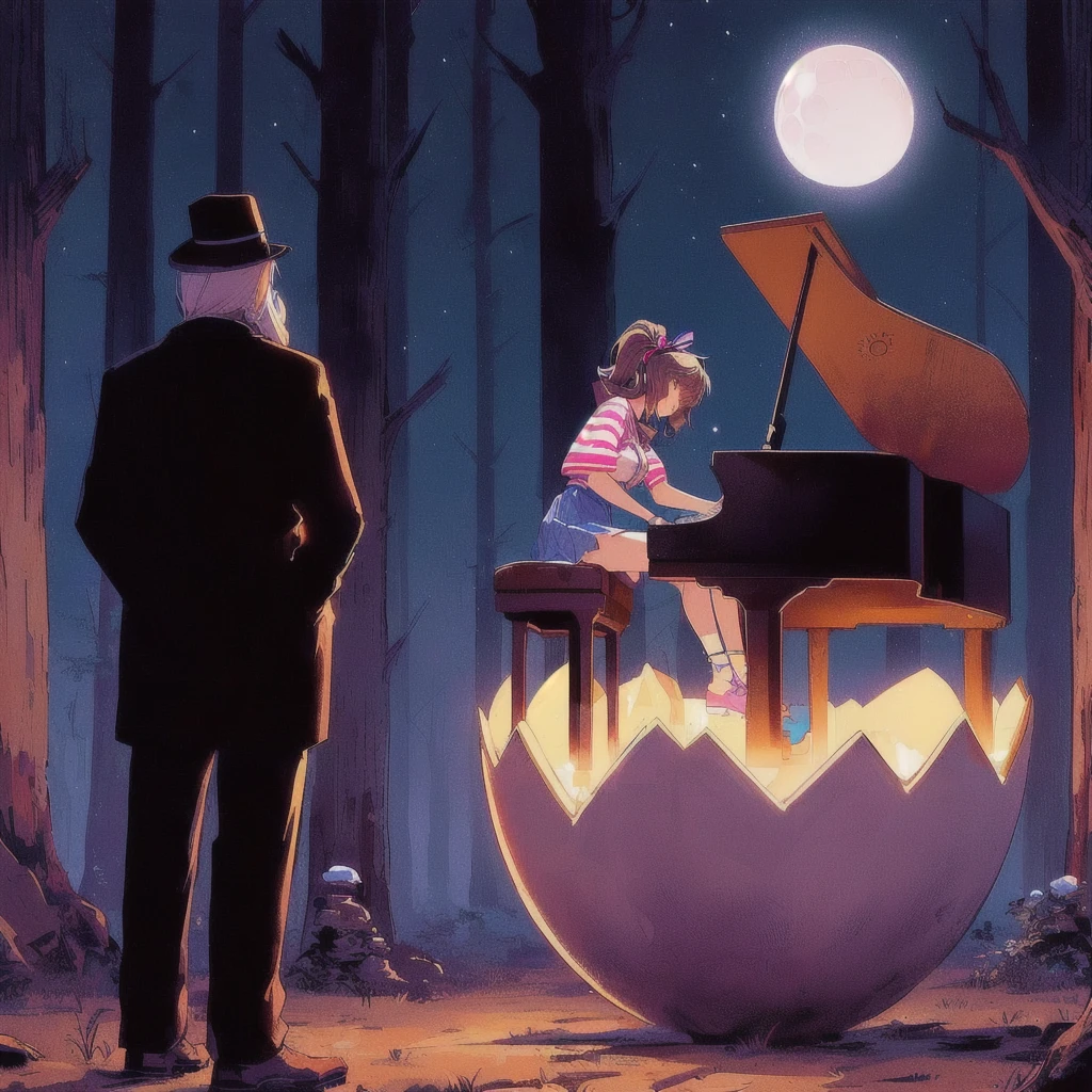Anime girl playing keyboard under the moonlight on a giant egg,Celeste's Madeline, Official Artwork, Lofi Art, 80s anime style,official Fan art, Lo-fi Girl, nodded, lofi album art, Promotional Art, Fan art, high quality Fan art, Background artwork, Official Art, Lofi Artstyle, Synth feel, High quality artwork, Chill Hop, Portrait of Rofi