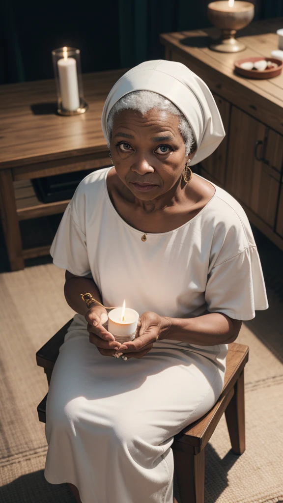 (old black woman from umbanda) with traditional attire, wearing a white dress and headscarf, holding a smoking pipe, sitting on a wooden stool, background of a spiritual altar with candles and offerings, candid photo, trunk, under soft lighting, From above, filmed on an Agfa Vista, flash photography, taken on an old camera, polaroid, 8K, highy detailed, Detailed texture skin, natural skin texture, perfects eyes, Perfect iris, high detail eyes, detailed iris, Detailed fabric texture, perfects eyes, detailedeyes, (high qualiy, best qualityer:1.3), Extremely high resolution, Film grain, dslr, Kodak Portra 400 F1 Camera.6 lenses, 35mm, Fujifilm Superia Premium 400, Nikon D850, plein-air, during daytime, nblurry background, Serene and Wise Expression, lifelike details, Post-processing, maximum detail, cinematic light, side lighting, best shade, warm toned.