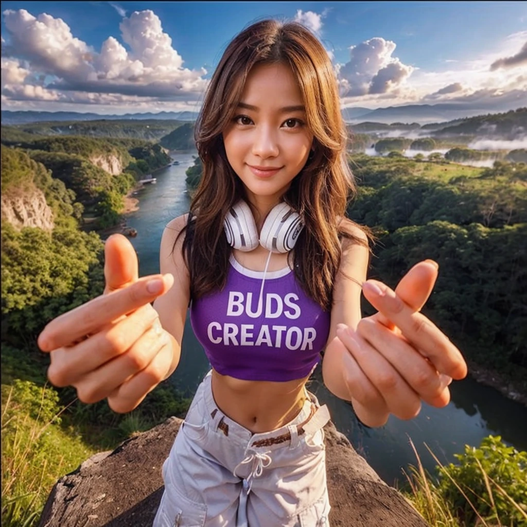 Dynamic top angle perspective, standing, hands in mini love gesture pose, taiwanese beautiful woman, face up, smile, long layered hair, wearing headphone around neck, purple cropped tanktop with words "BUDS CREATOR" printed on it, white cargo pants, and white sneakers. Standing in a clifft with forest and river from far away with clear blue sly and white clouds on the backgrounds. Realistic, UHD, 8K