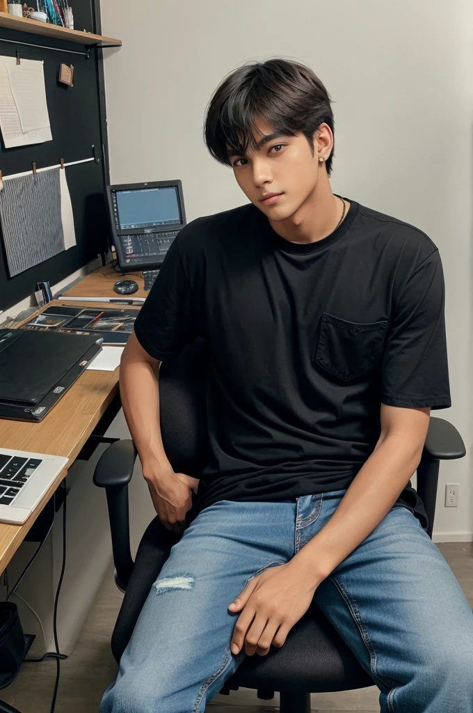 A ai boy sitting on chair in his studio and wearing black shirt and jeans