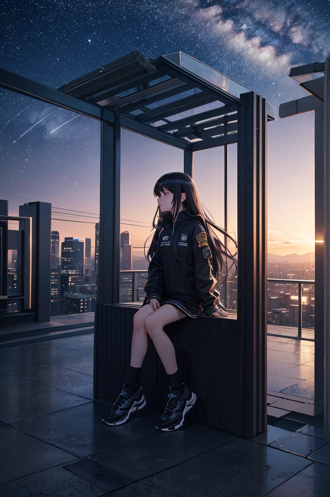 Octane, null, star (null), scenery, starry null, night, One girl, night null, alone, Outdoor, building, cloud, milky way, Sitting, wood, Long Hair, city, silhouette, cityscape ,Masterpiece , Highest quality