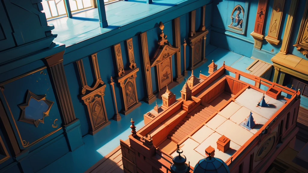 draw an illustration of a table seen from above in the center of a castle room 