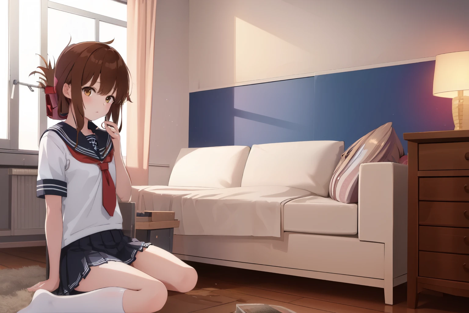 (masterpiece, best quality:1.2),illustration,8k,hd,1girl,solo,upper body,(portrait:1.2),brown_hair,folded_ponytail,brown_eyes,serafuku,long_hair,school_uniform,skirt,pleated_skirt,