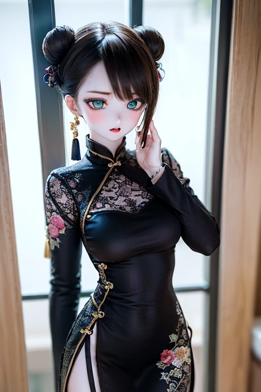 (SFW:2), photorealistic, realistic photo, 8k, ((highest quality)), ((masterpiece)), (extremely detailed), kukolnydom, doll, (mature woman, 19yo, 19 years old:1.6), solo, ((cowboy shot, parted lips, green eyes, brown hair)), double buns, (plastic skin, looking at another, glass eyes, shining eyes, detailed eyes, detailed face:1.3), china dress, qipao, chinese room