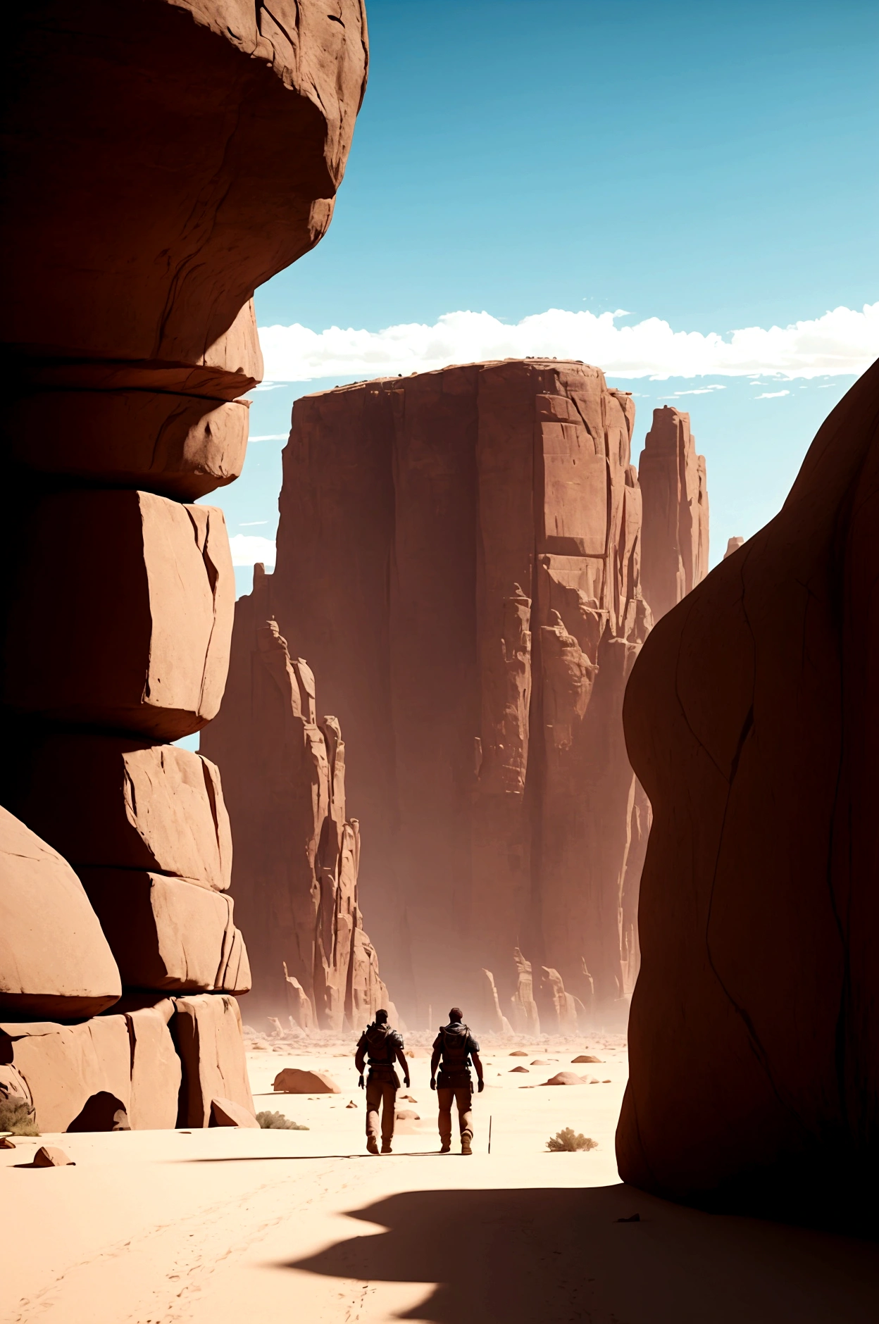 Two people are walking in the desert near a large rock, Unreal Engine 5 showcase, Anamorphic 24mm lens, Inspired by Sanford Robinson Gifford, Game screenshots, still from music video, Sylvain Saraikh and Igor Mosky, interior Game screenshots, 2019, TV screenshot