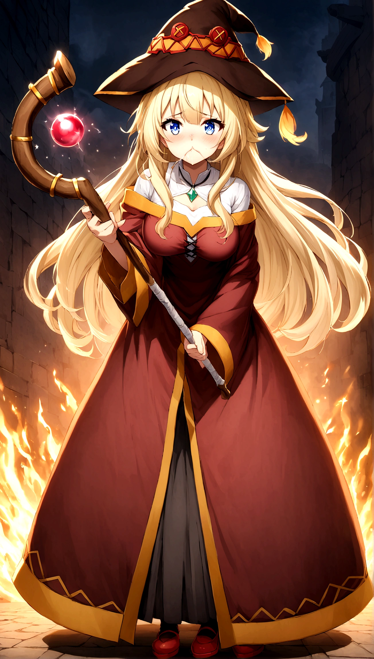 Anime. Kono Subarashi Sekai ni Shukufuku wo. Megumin. 1 girl. Cutie. Enchantress. Mag. Blonde. Long hair. Hair ornament. Blue eyes. Beautiful eyes. Perfect eyes. Expressive eyes. Ideal face. Face about to sneeze Sneezing face. Beautiful nose. Snotty nose. After sneezing, long snot hangs from the nose. 16 years. Big breasts. Beautiful breasts. She is ill. She got sick. She has allergies. She has a runny nose. Nasal mucus. She has snot. She wants to sneeze. She needs to sneeze. She has a strong, desperate urge to sneeze. She sneezes. She sneezes. Splashes of snot fly to the sides. Snot flows from the nose. Iskkay. Fantasy. City. Street. Many people. Ideal anatomical body. A pointed, wide-brimmed wizard's hat. Magic staff. Causes humiliation. White linen blouse. Skirt. Shoes. Cloak. Full height. Beautiful character design. Shiny skin. Whole body. NFS. Official art. Extremely detailed CG Unity 8k wallpaper. Ideal lighting. Ultra high resolution 4K. Super detailed 8K. A high resolution.