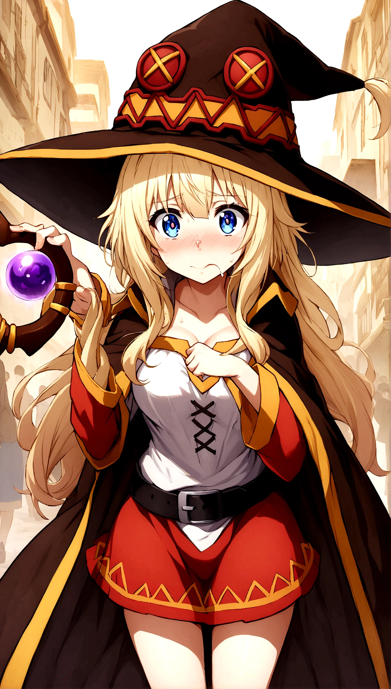 Anime. Kono Subarashi Sekai ni Shukufuku wo. Megumin. 1 girl. Cutie. Enchantress. Mag. Blonde. Long hair. Hair ornament. Blue eyes. Beautiful eyes. Perfect eyes. Expressive eyes. Ideal face. Face about to sneeze Sneezing face. Beautiful nose. Snotty nose. After sneezing, long snot hangs from the nose. 16 years. Big breasts. Beautiful breasts. She is ill. She got sick. She has allergies. She has a runny nose. Nasal mucus. She has snot. She wants to sneeze. She needs to sneeze. She has a strong, desperate urge to sneeze. She sneezes. She sneezes. Splashes of snot fly to the sides. Snot flows from the nose. Iskkay. Fantasy. City. Street. Many people. Ideal anatomical body. A pointed, wide-brimmed wizard's hat. Magic staff. Causes humiliation. White linen blouse. Skirt. Shoes. Cloak. Full height. Beautiful character design. Shiny skin. Whole body. NFS. Official art. Extremely detailed CG Unity 8k wallpaper. Ideal lighting. Ultra high resolution 4K. Super detailed 8K. A high resolution.