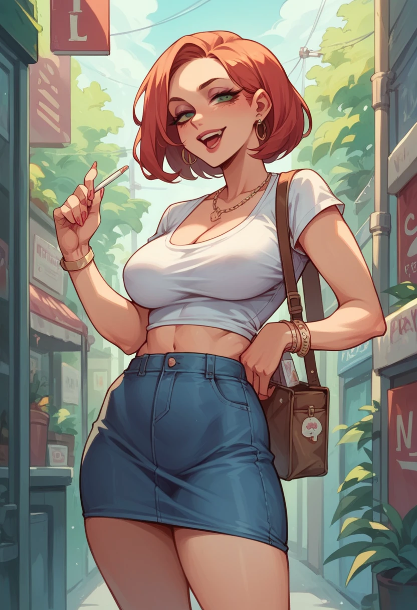 ((orange hair)), green eyes, long hair half up, bust, ((full lips)), ((masterpiece)), ((detailed)), ((very short pink camisole)), ((open denim shorts)), ((Best quality)), ((shopping)), big breasts, ((Bright)), (beautiful eyes), I look at the viewer, nipples sticking out from under clothes, ((camel toe))