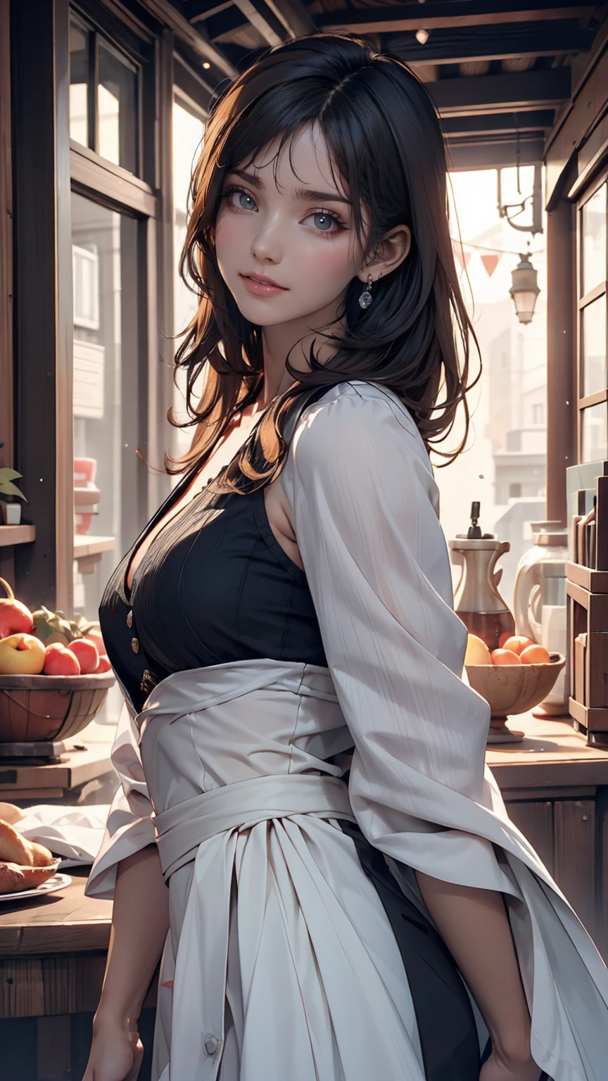 24 year old Japanese woman、Beautiful glossy black hair、cute、Sexy proportions、Wear a high-necked blouse decorated with lace、Wear a tight skirt、Wear black stockings、Enjoy tea time at a stylish sweets shop