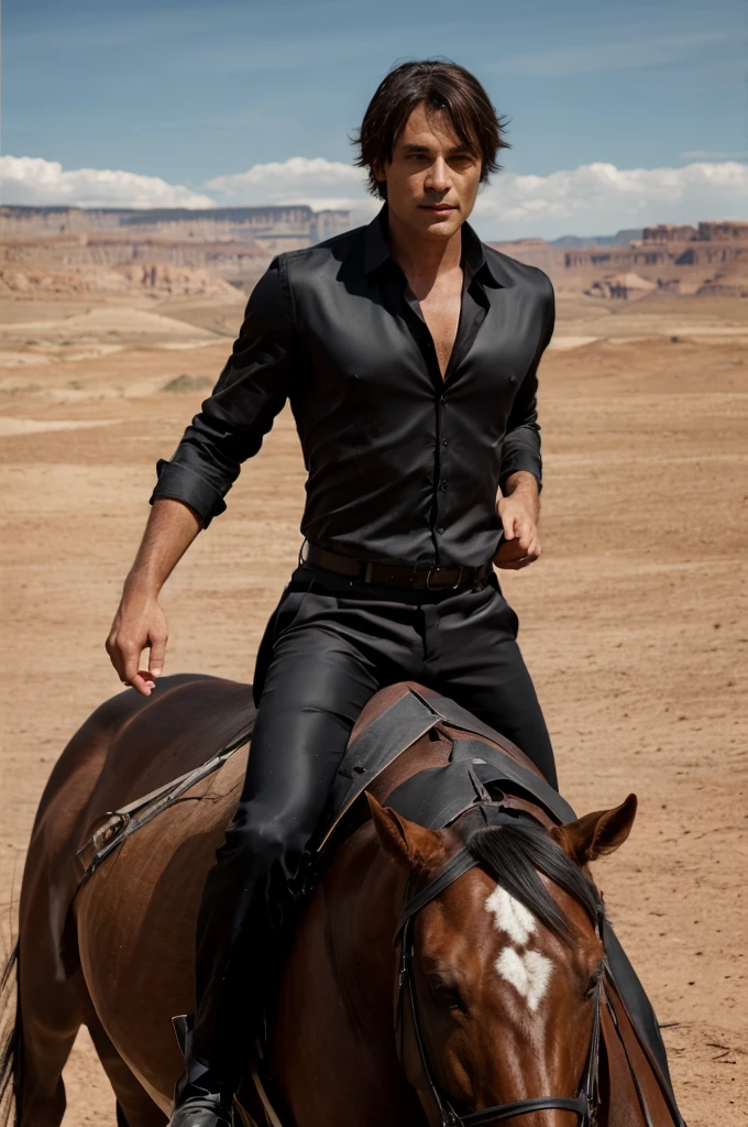 "Damon Salvatore, exuding a badass aura, rides confidently atop a sleek black horse through a rugged terrain under an intense, sunny sky. He wears a fitted black silk shirt that accentuates his muscular physique, the fabric gleaming softly in the bright sunlight. Around his finger glints a silver ring, adding a touch of mysterious elegance to his attire. Damon's dark hair ruffles slightly in the wind, framing his ruggedly handsome face with an air of timeless charm and danger. His gaze is forward, focused and intense, as he navigates the terrain with ease and confidence. The harsh sunlight casts deep shadows and highlights across his features, emphasizing his piercing eyes and strong jawline. The backdrop of arid land and distant mountains complements Damon's stoic presence, painting a picture of strength and allure in the wild, sun-drenched landscape."