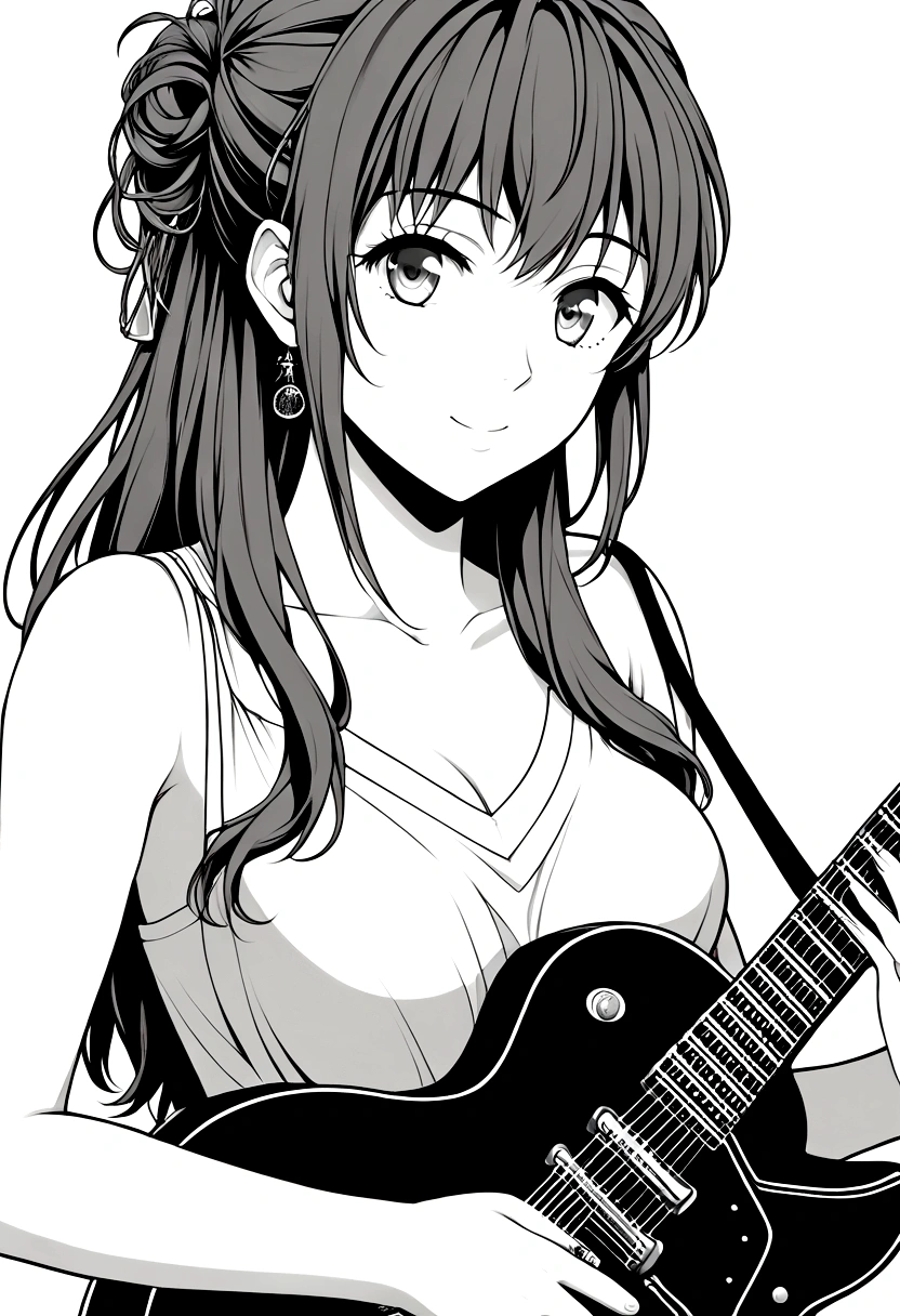 Highest quality, High resolution, Detailed Background, High Contrast, 1 Girl, Kyoto Animation、6 strings、There are six pegs、high school girl、Electric guitar、Fender Stratocaster、Big Stage、front, Beautiful line drawing, Vibrant colors