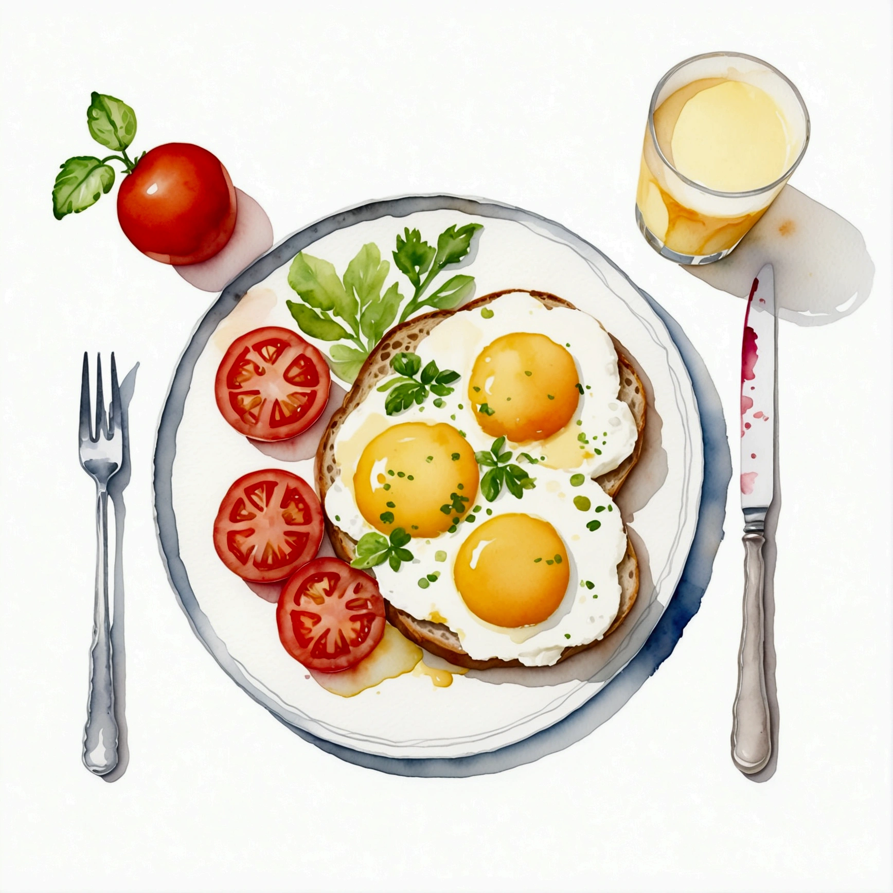 a very clean image painting of a healthy breakfast meal, a scrambled egg, a bread, a slice of roasted meat, a glass of milk , a glass of orange juice, two slices of tomatoes, a spoon, a dining fork, a butter knife, dining set, three slices of potatoes, ((watercolor)), solid white background, center composition, negative space around the object, washed out color, detailed masterpiece, loose drawing, clipart, vector art, illustration