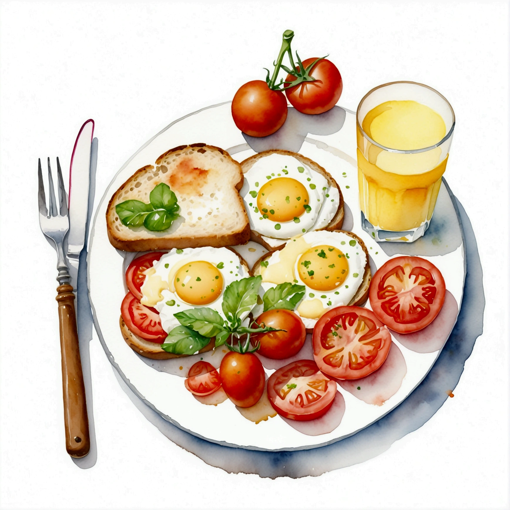 a very clean image painting of a healthy breakfast meal, a scrambled egg, a bread, a slice of roasted meat, a glass of milk , a glass of orange juice, two slices of tomatoes, a spoon, a dining fork, a butter knife, dining set, three slices of potatoes, ((watercolor)), solid white background, center composition, negative space around the object, washed out color, detailed masterpiece, loose drawing, clipart, vector art, illustration