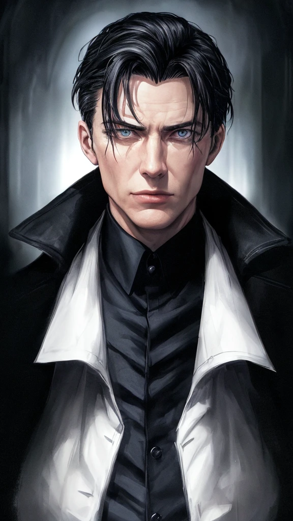 Jack Harkness male supervillain, black hair, blue eyes, smirk, white skin, sexy, (best quality,4k,8k,highres,masterpiece:1.2),ultra-detailed,(realistic,photorealistic,photo-realistic:1.37),superhero,evil,villainous,intense gaze,detailed facial features,dramatic lighting,dark and moody atmosphere,chiaroscuro,cinematic,portrait