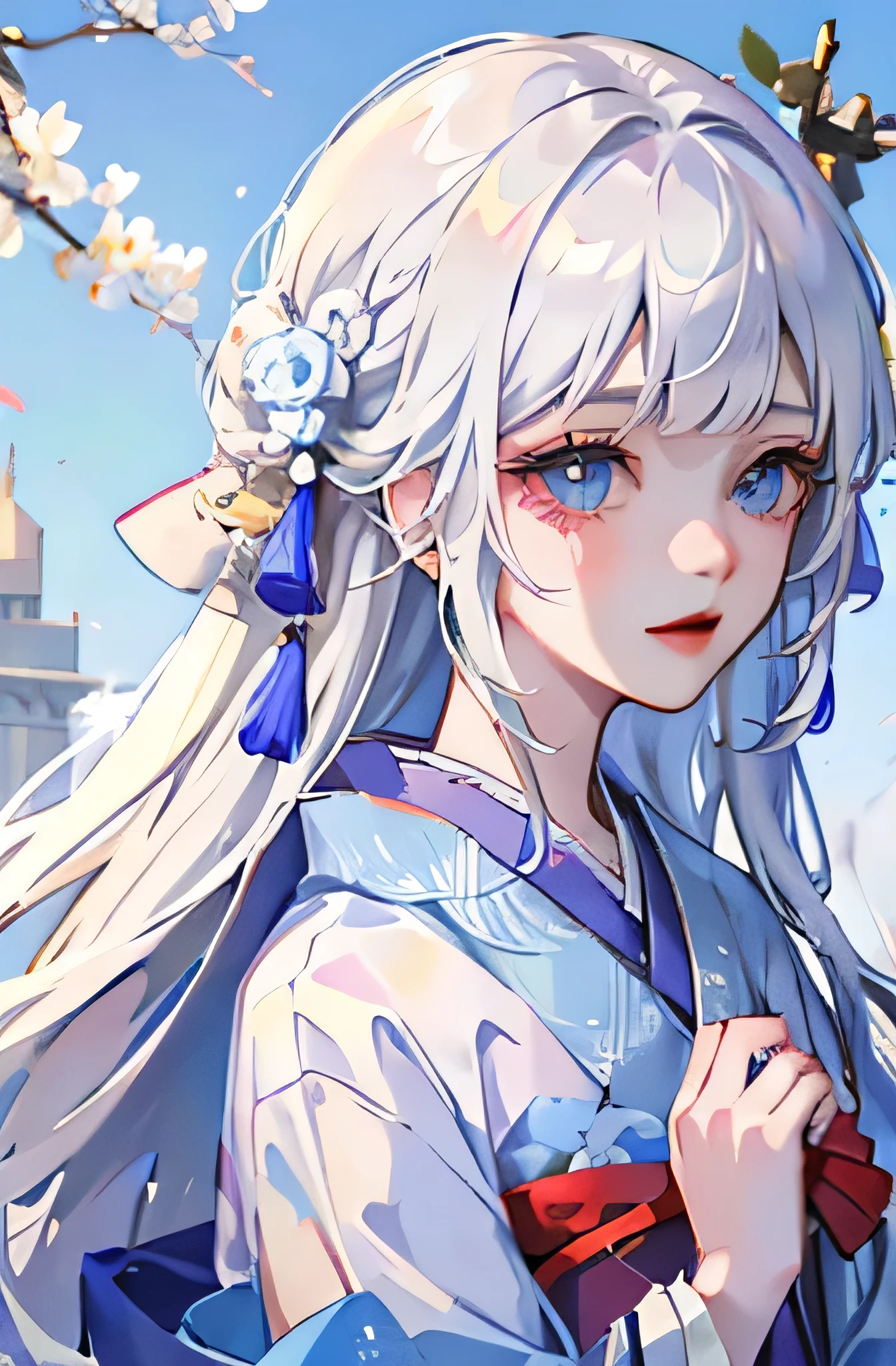 Drawing anime girl long white hair blue eyes bangs Kimono