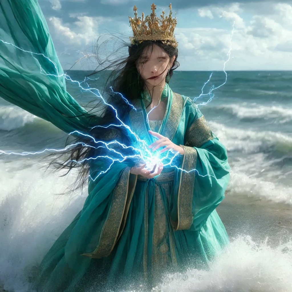 A beautiful woman, wearing royal clothes, wearing a crown, green color, was standing on the beach, amidst the waves, sea water is blue, emits an aura of lightning knowledge from his hands, looks like the cloth is blowing in the wind, Front facing photos are very detailed in 8k