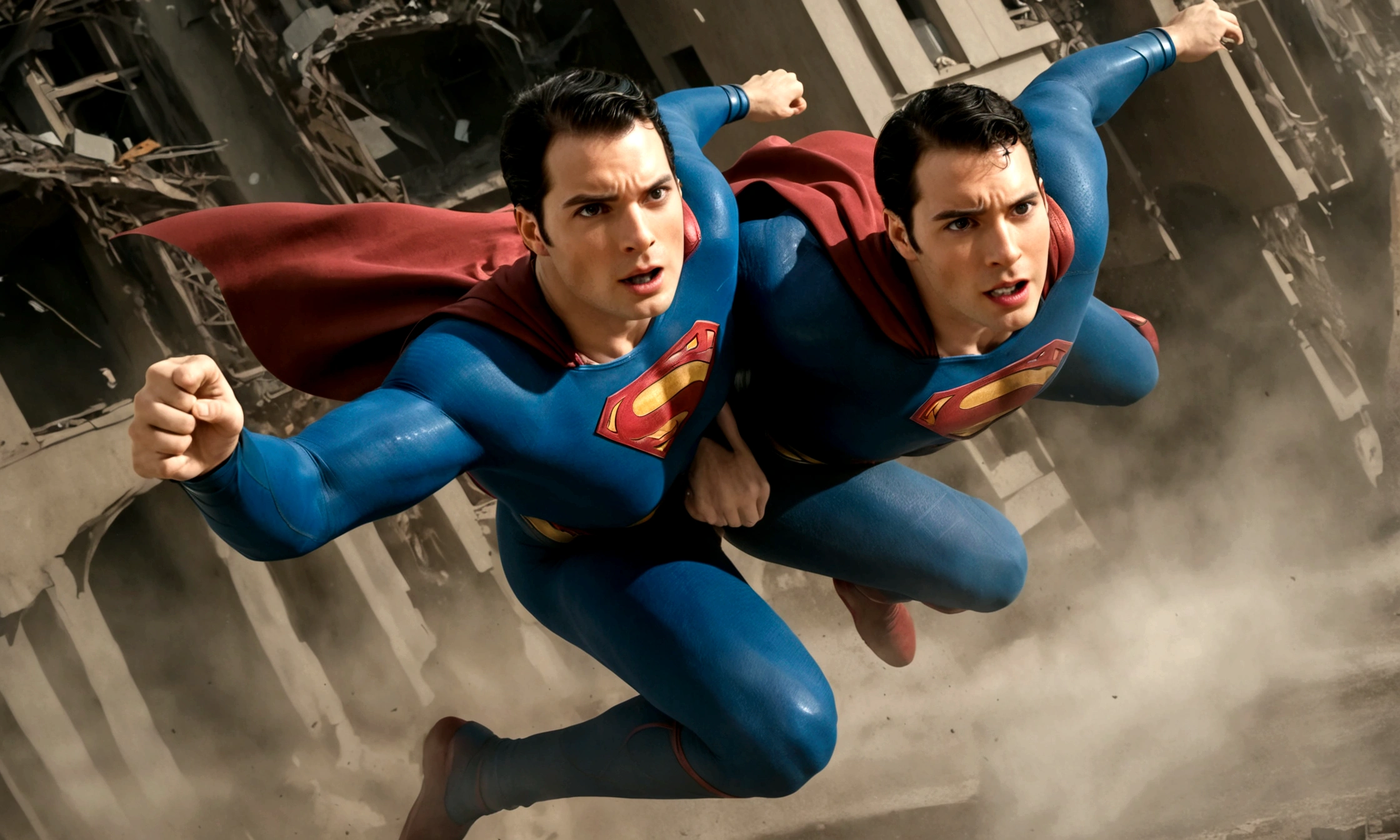 Superman flying to save a falling woman ,in a scenario with destruction