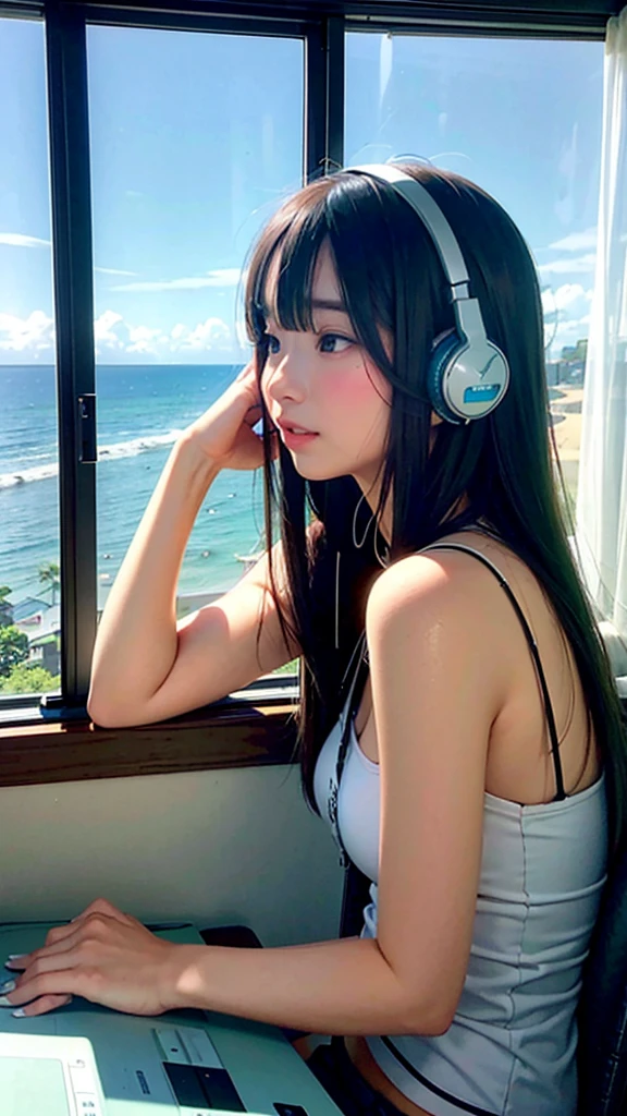 Large window with ocean view Landscape orientation Put the headphones on your head、Listening to music playing from a computer pretty girl